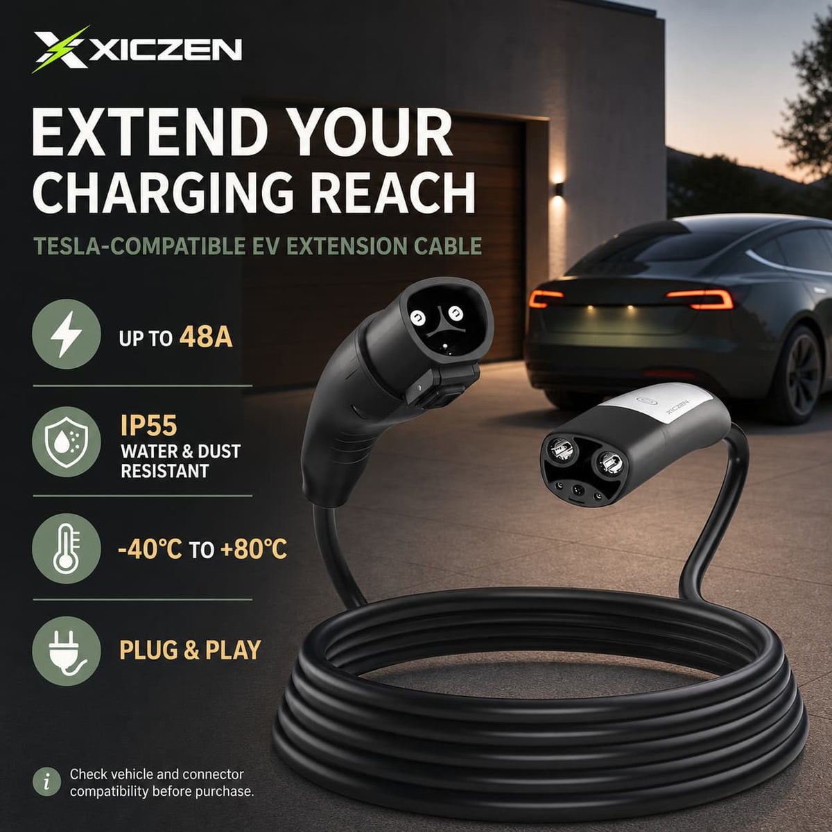 Tesla standard charging station dual head extension cable, model 32A/48A