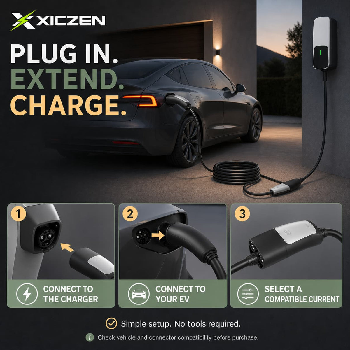 Tesla standard charging station dual head extension cable, model 32A/48A